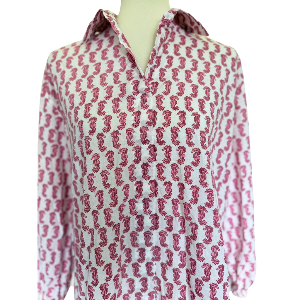 Holly Shae Sea Horse Print Shirt Dress - Pink / White - One Size