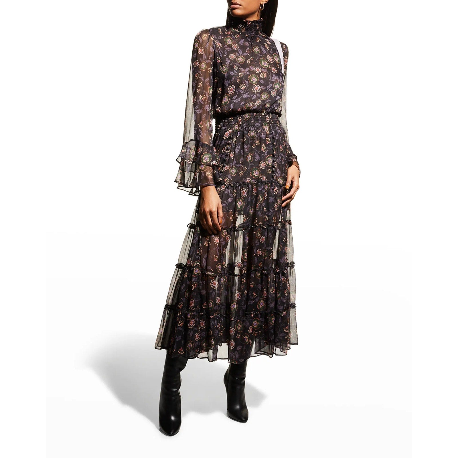 MISA Bethany Floral Chiffon Midi Dress - Nightshade Floral - Size Small
