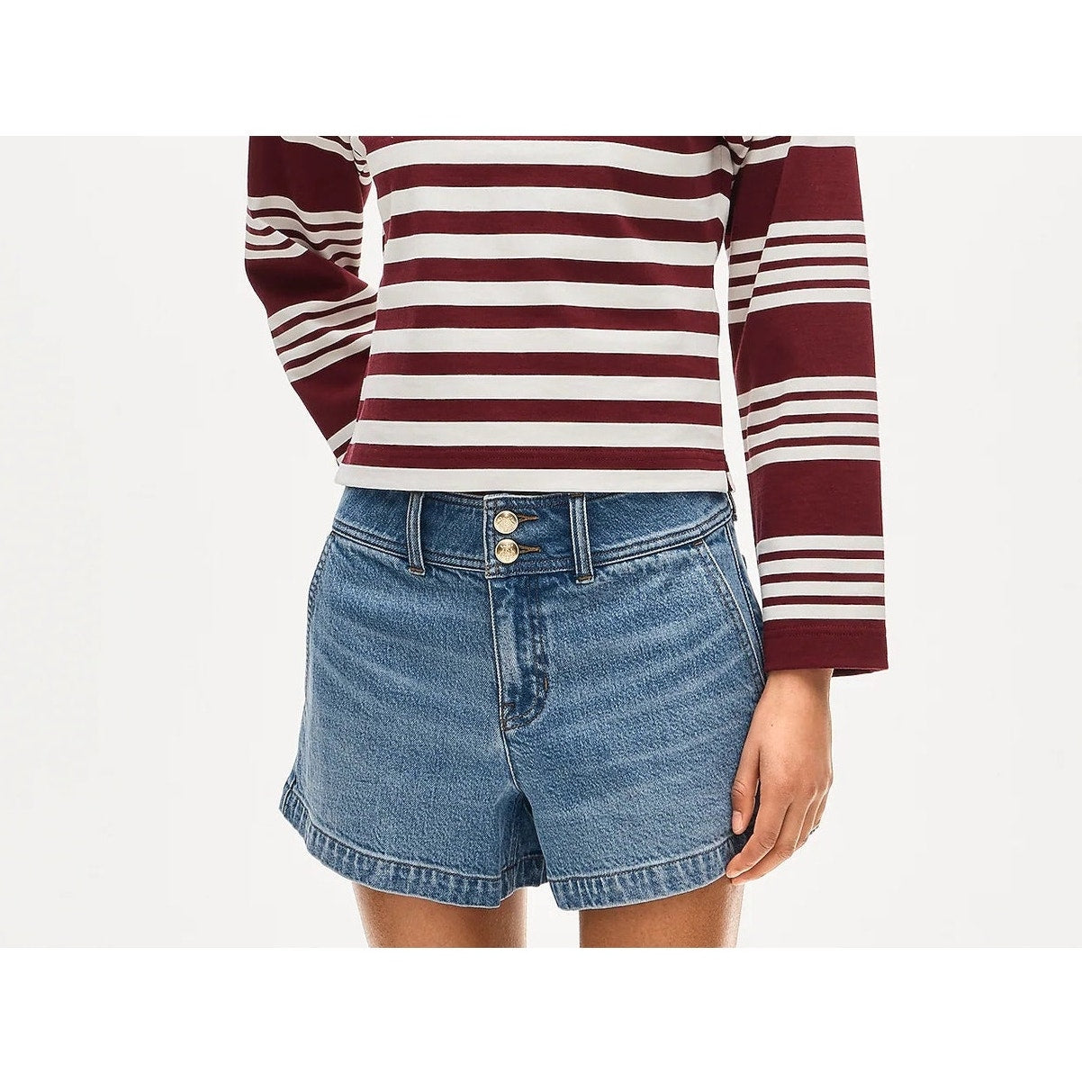 J.Crew women's size 26 denim shorts with stacked buttons in Hickory Wash front view