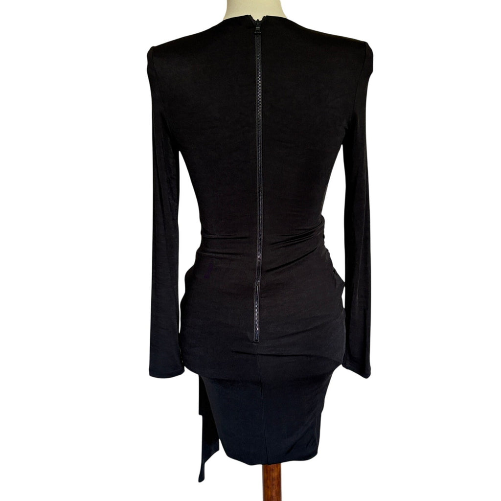 ALICE + OLIVIA Kyra Deep V Drapey Long Sleeve Mini Dress - Black- Size 4
