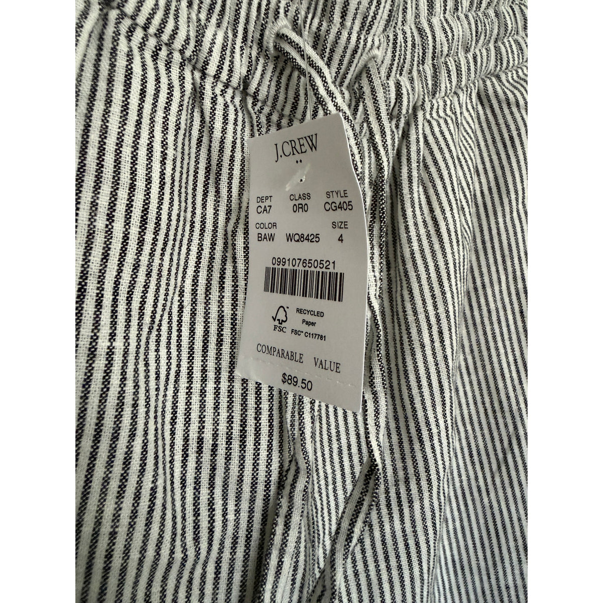 New J.CREW Slim Wide Leg Cotton Linen Pant - Striped Black / Cream - Size 4