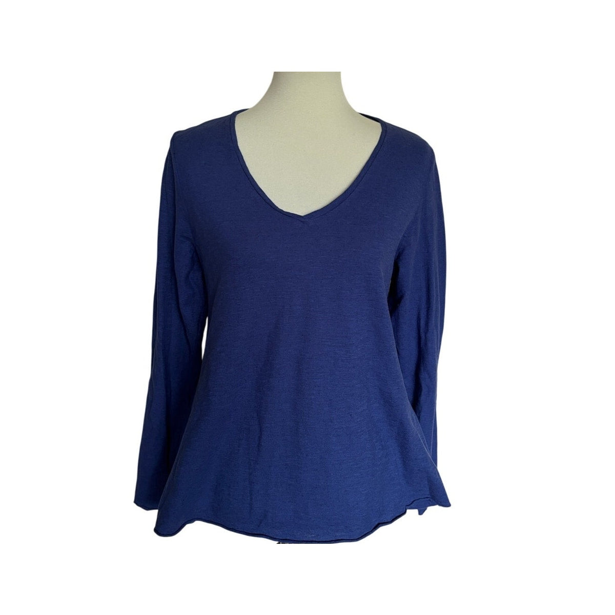 New Cut Loose ALINE Linen Cotton Jersey Long Sleeve V-Neck Top - Admiralty Blue - Size Medium