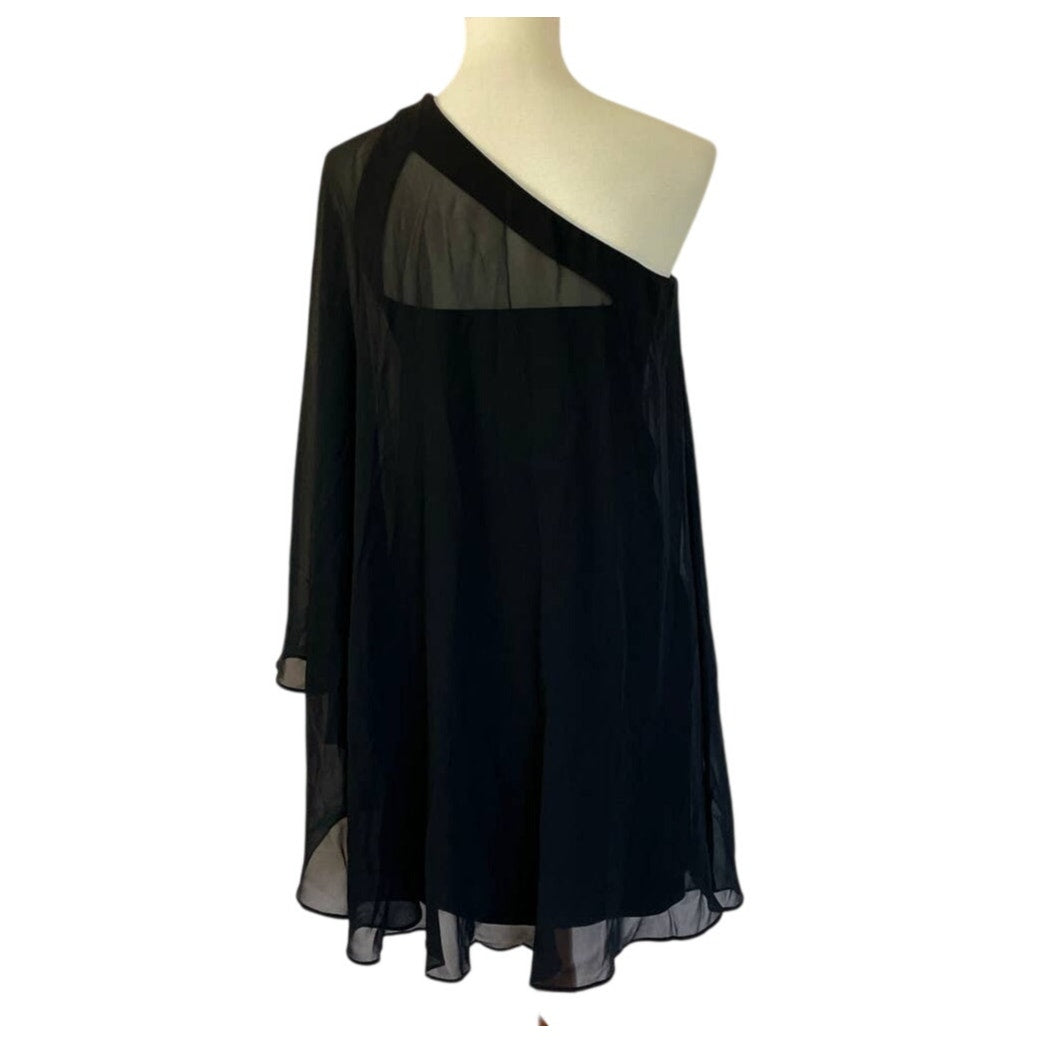 Aidan Mattox Silk One Shoulder Draped Mini Dress -Black - Size 4