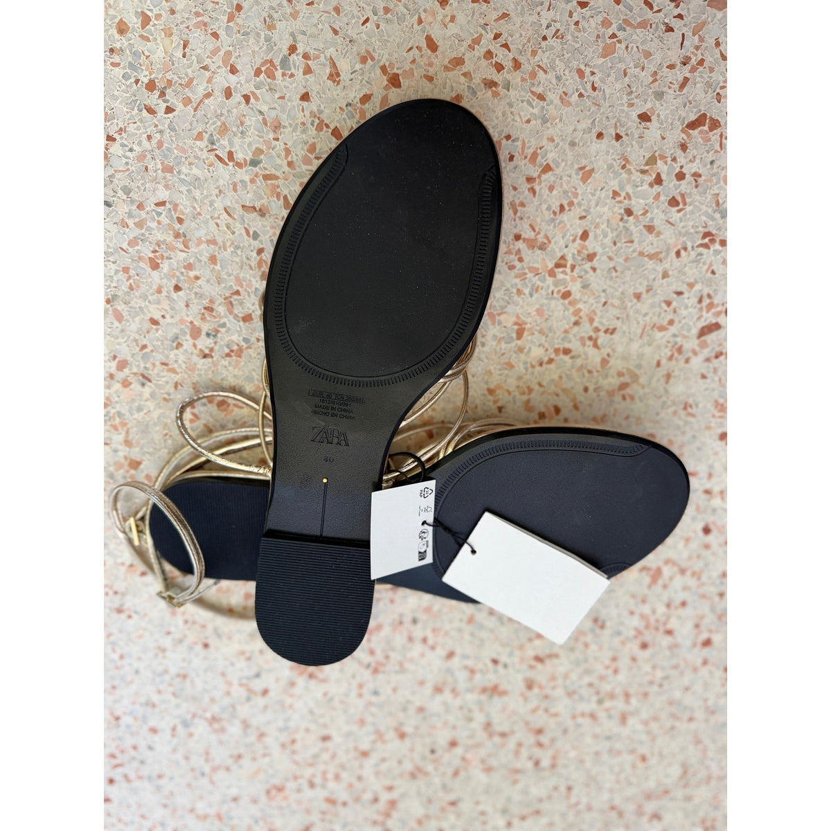 Zara Ankle Tie Strappy Flat Sandals - Metallic Gold - Size 40 US 9