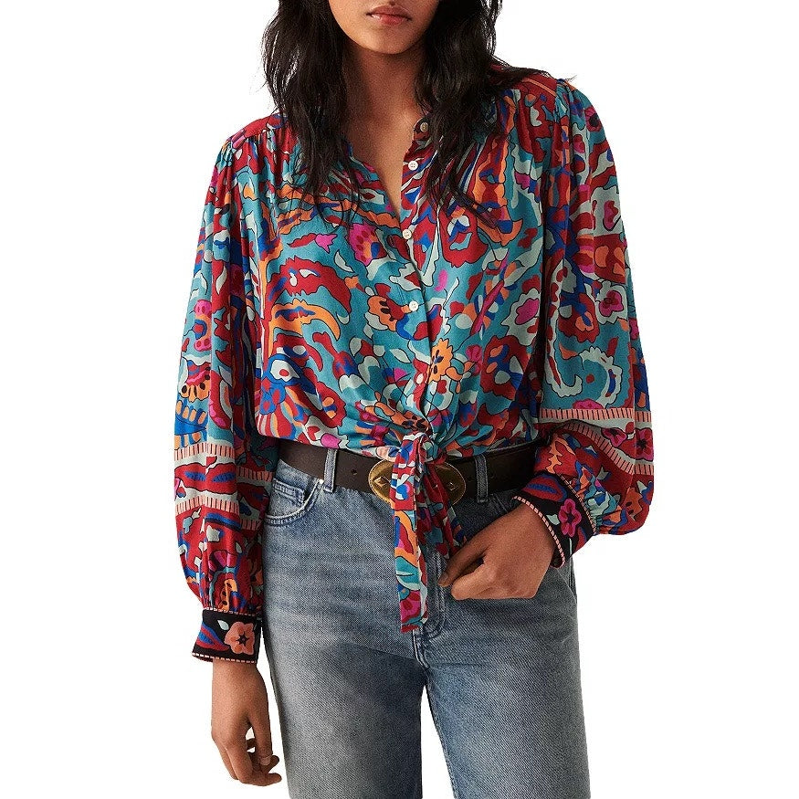 Ba&sh Martha Printed Cropped Blouse - Bleu Print - Size Medium / 6