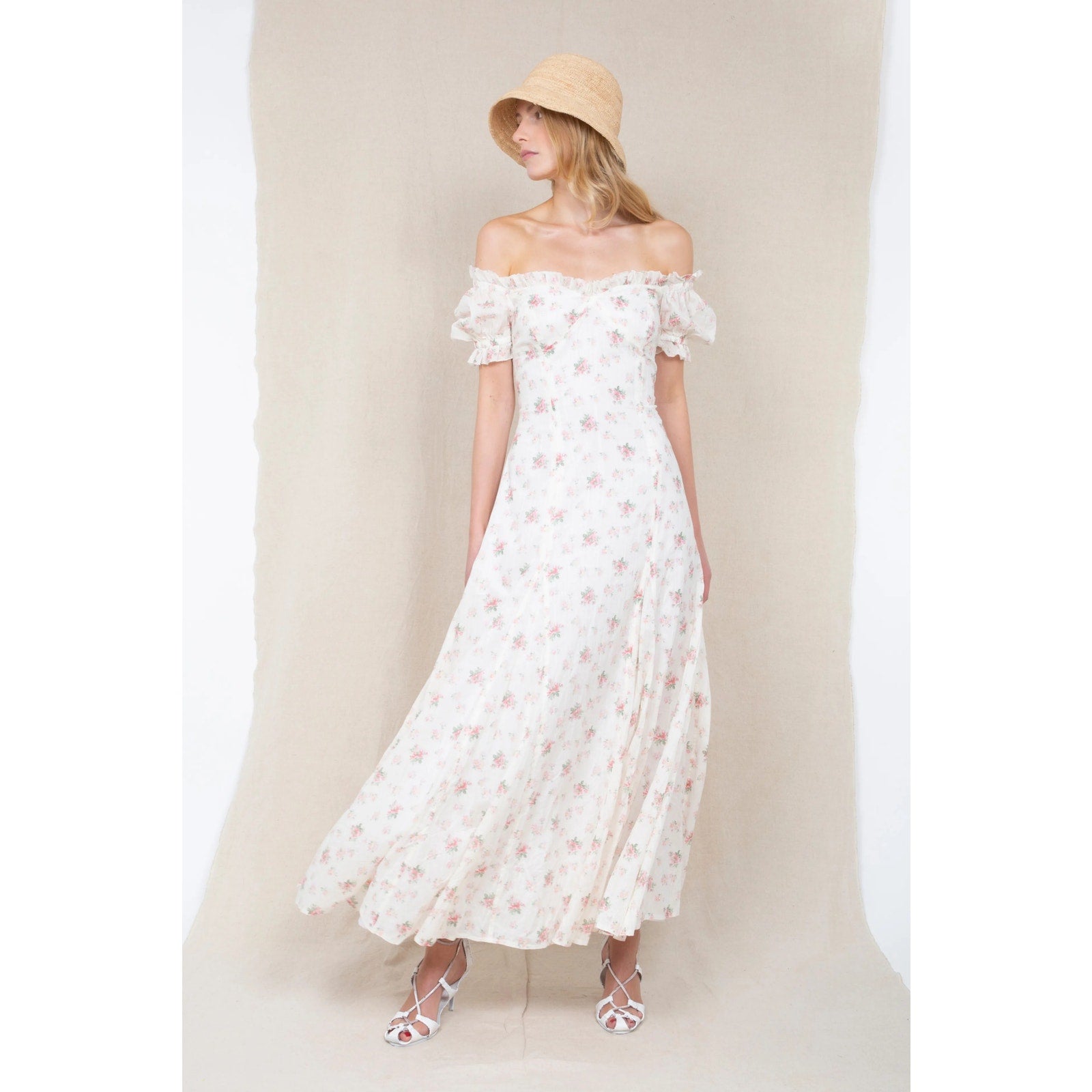Polo Ralph Lauren Floral Puff Sleeve Maxi Dress - Cream and Pink Floral - Size 10