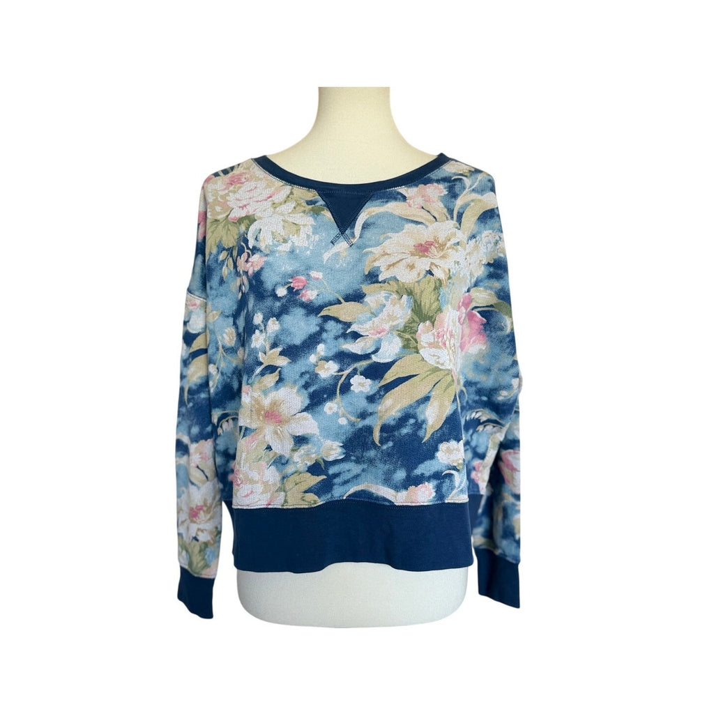 POLO RALPH LAUREN Terry Cotton Sweater - Blue Floral - Size Mediumc