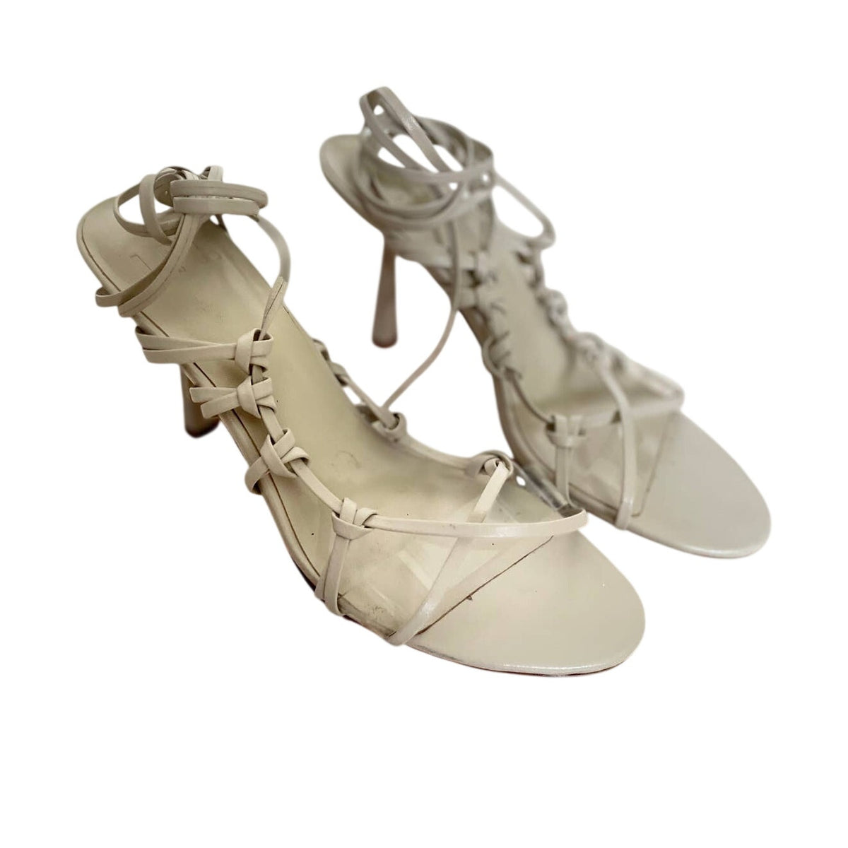 LPA Talia Leather Ankle Wrap Sandal Heels - Ivory - Size 10