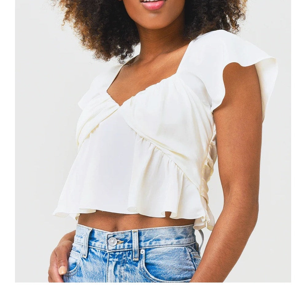 FRAME Women's Shirred Flounce Top - Off White -Size Medium