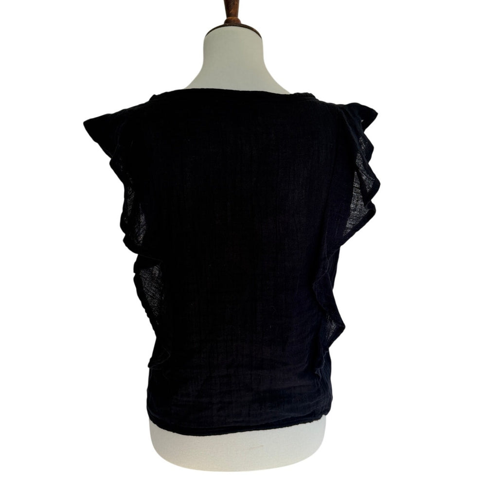 Michael Stars Double Gauze Cotton Flounce Shoulder V Neck Top - Black - M