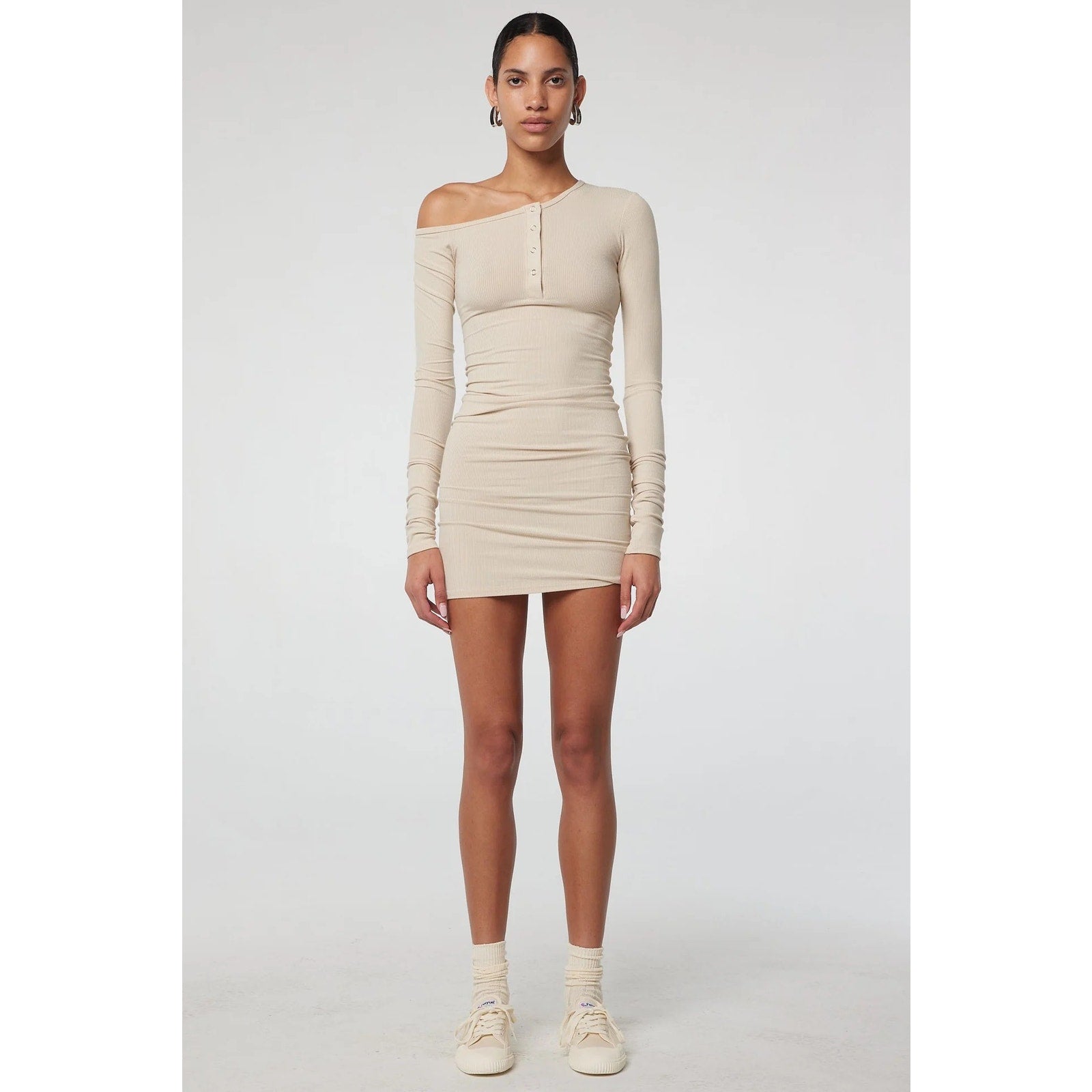THE LINE BY K Rori Oat Off Shoulder Henley Mini Dress - Oat - Medium