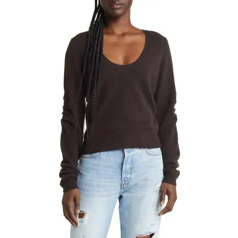 FRAME Scoop Neck Cashmere Sweater - Americano Brown - Size Extra Small