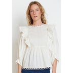 APIECE APART Ruffle 3/4 Sleeve Cotton Blouse - Cream - Size 2