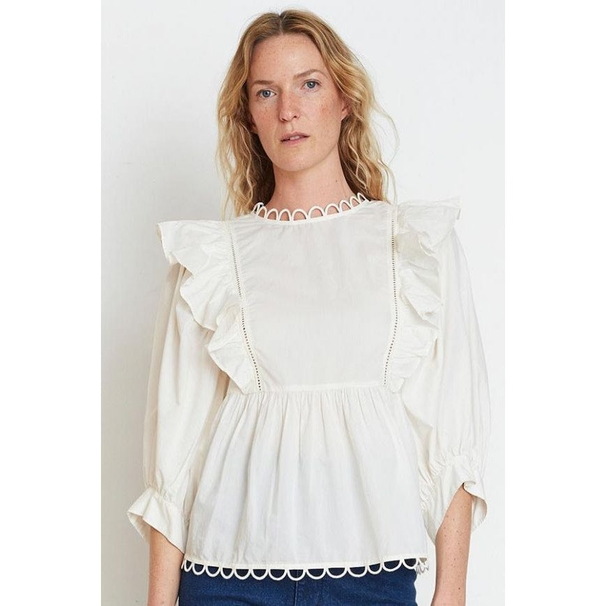APIECE APART Ruffle 3/4 Sleeve Cotton Blouse - Cream - Size 2