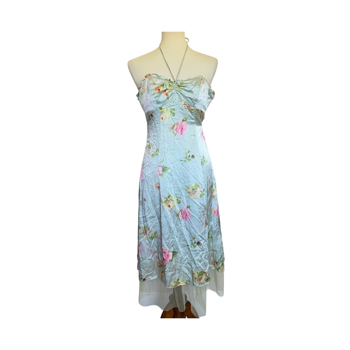 Vintage Betsey Johnson light blue pink floral silk halter dress size 4 front view"