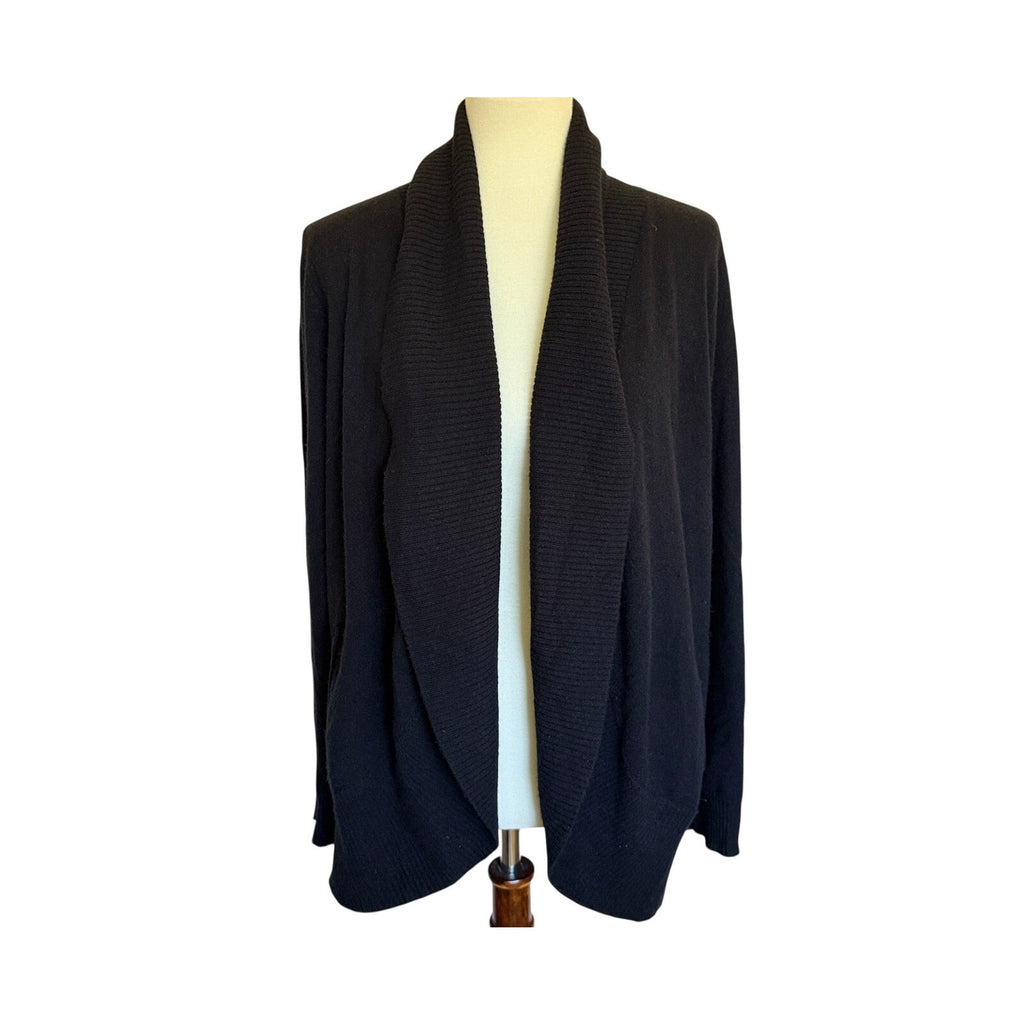 Quince women's size large black 100% Mongolian cashmere open front shawl collar cardigan sweater front view