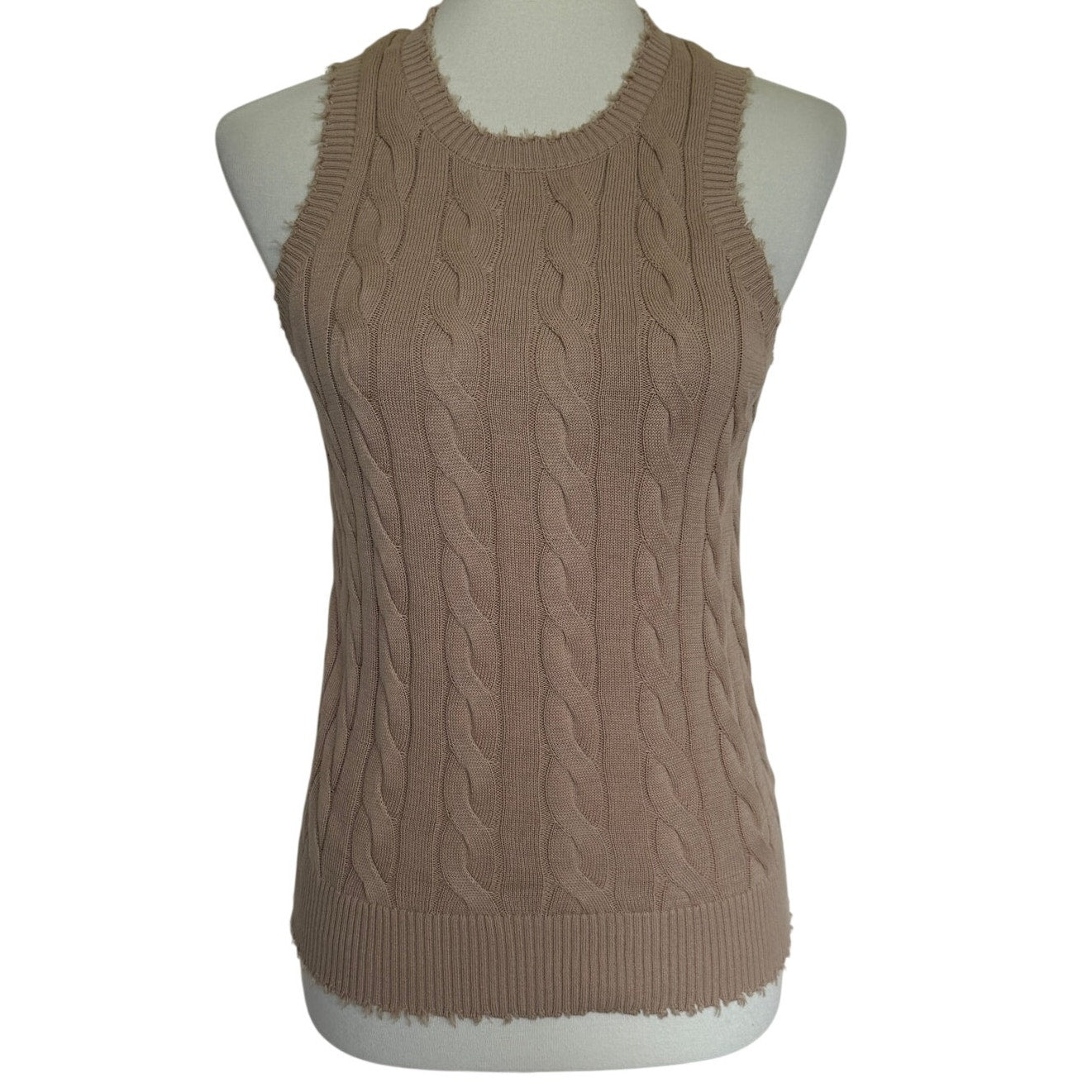 Minnie Rose Stone Washed Distressed Cotton Cable Knit Tank - Desert - Medium