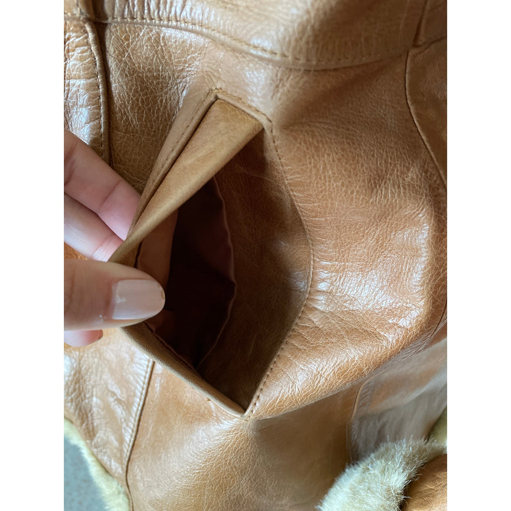 Vintage Penny Lane Leather Fur Trim Coat - Tan - Size Large