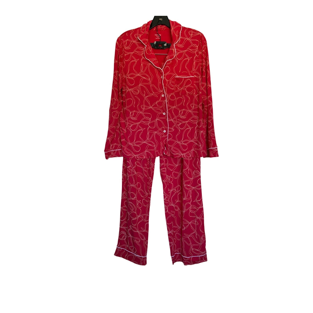 STATE OF DAY Notched-Collar Bow Print Pajama Set - Red - Size Small