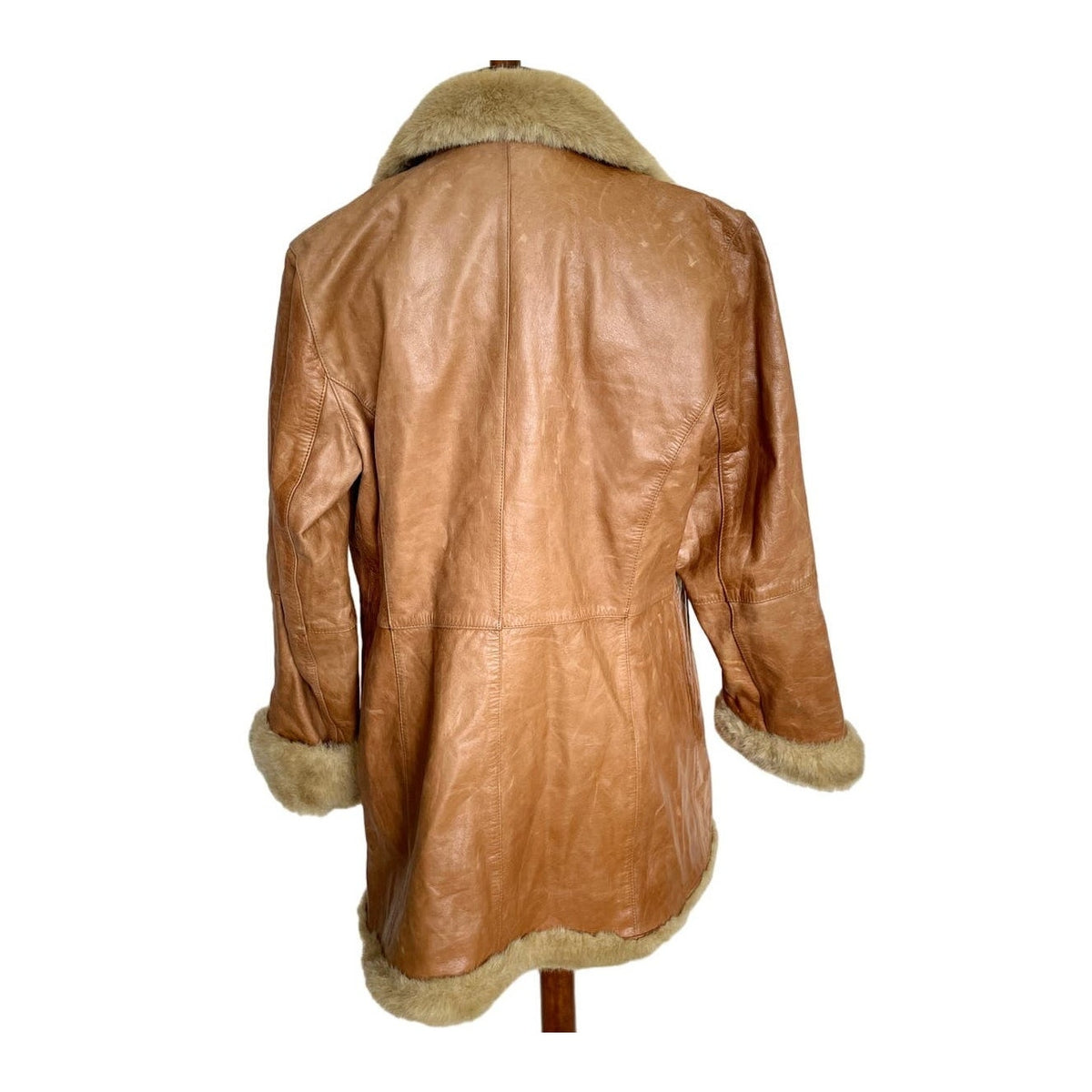 Vintage Penny Lane Leather Fur Trim Coat - Tan - Size Large