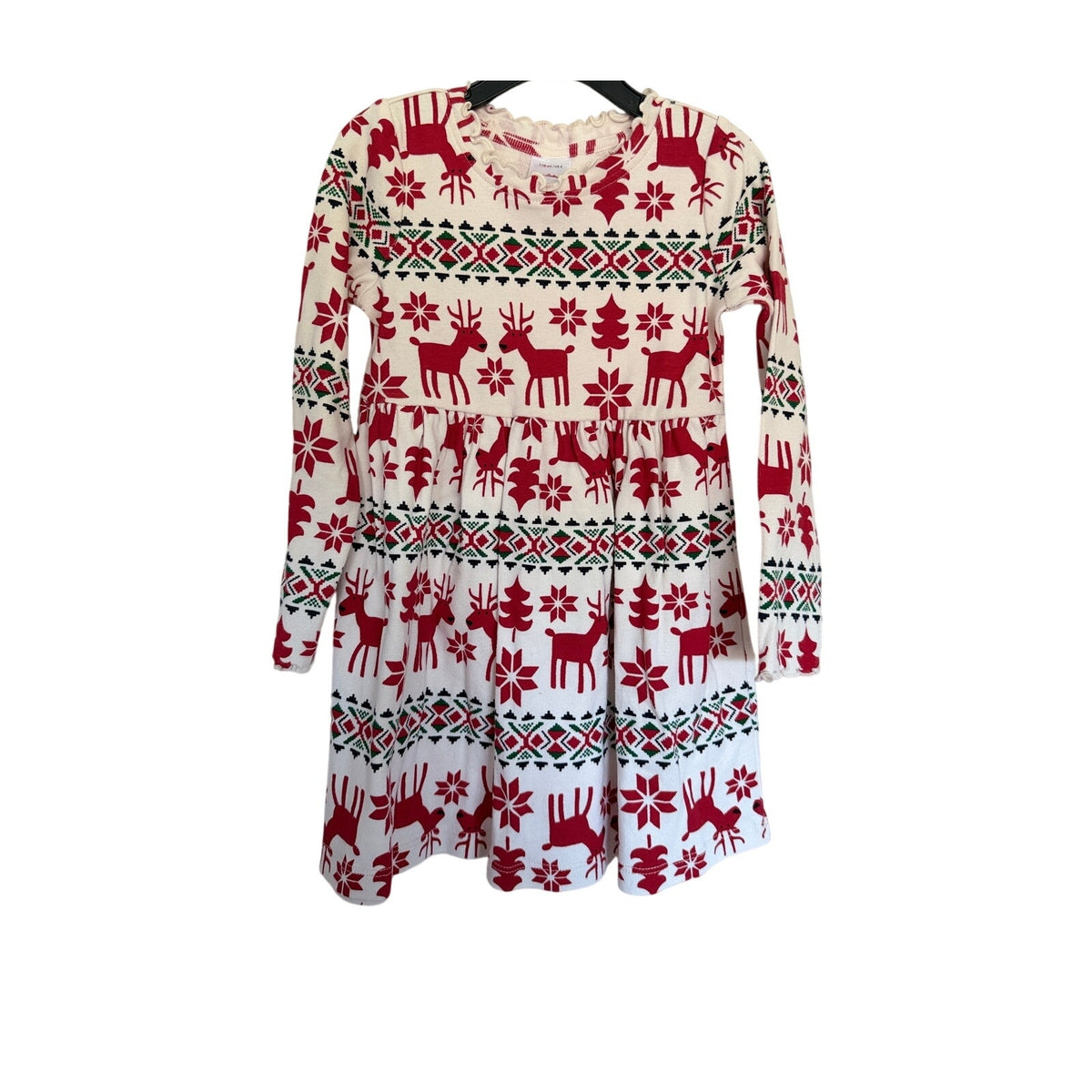 HANNA ANDERSSON Dear Deer Holiday Print Rib Dress - Cream / Red - Size 5