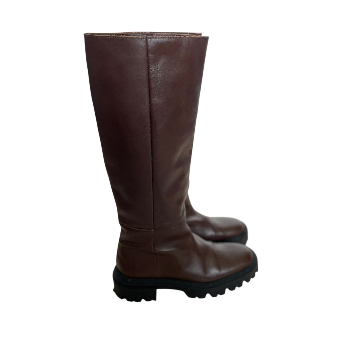 Zara Tall Brown Leather Chunky Boot - Size 38 / 8