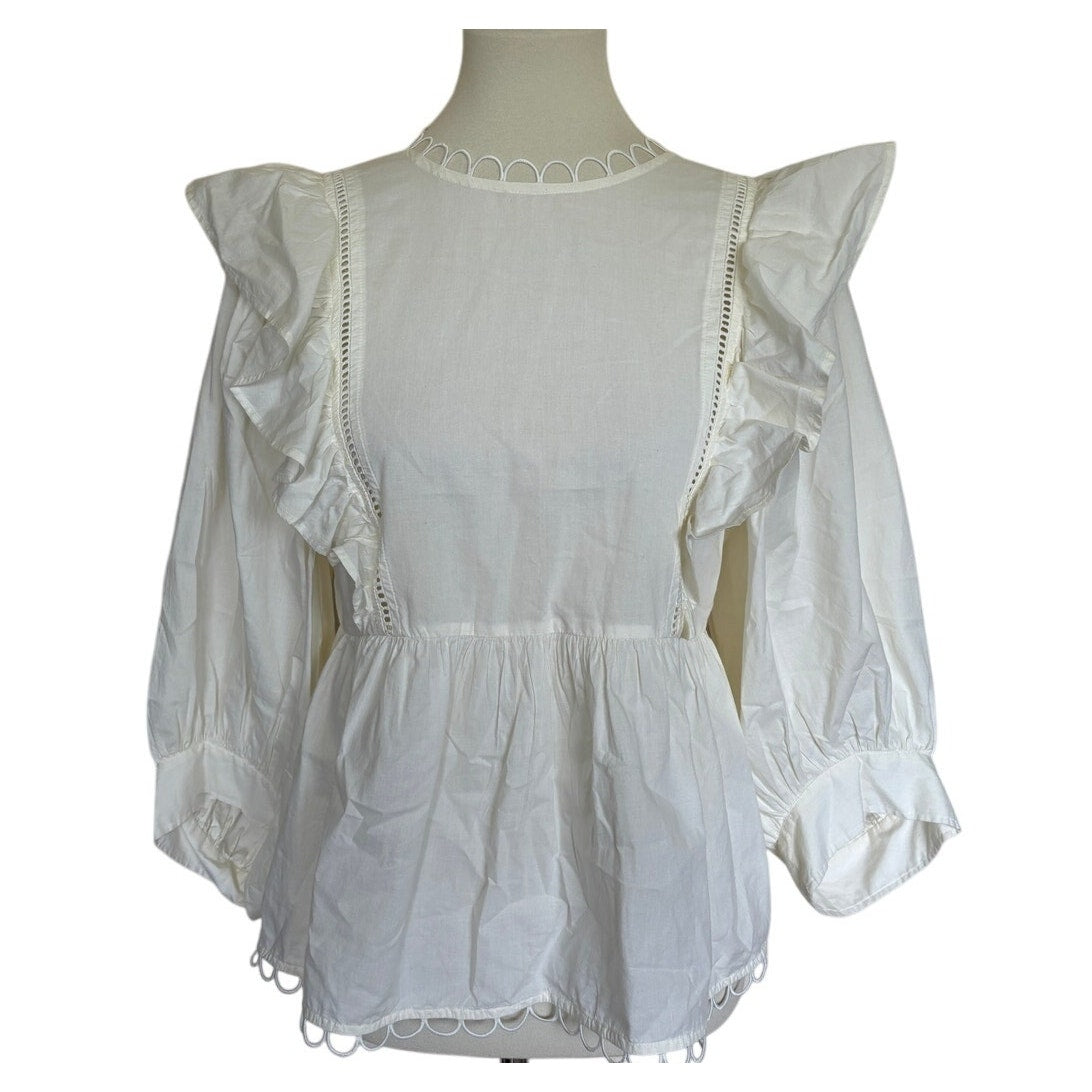 APIECE APART Ruffle 3/4 Sleeve Cotton Blouse - Cream - Size 2