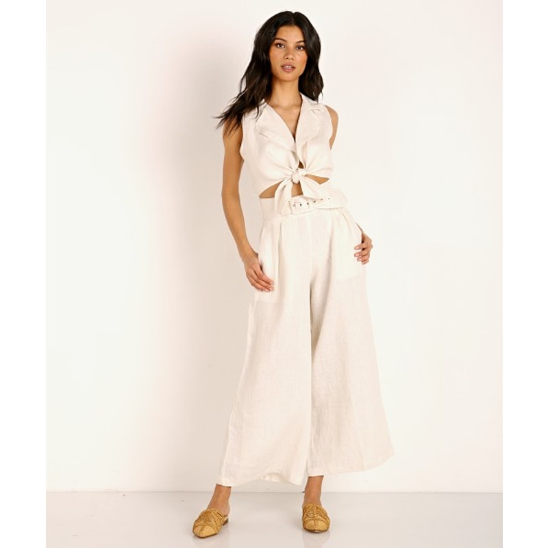FAITHFULL THE BRAND  Lena High Waisted Wide Leg Linen Pants - Egg White - Size M