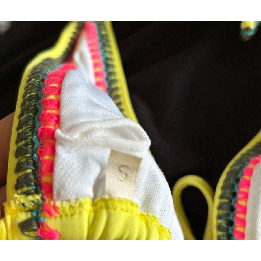 Cosita Linda Embroidered Edge Triangle Bikini Set - Yellow / Multi - Size Small