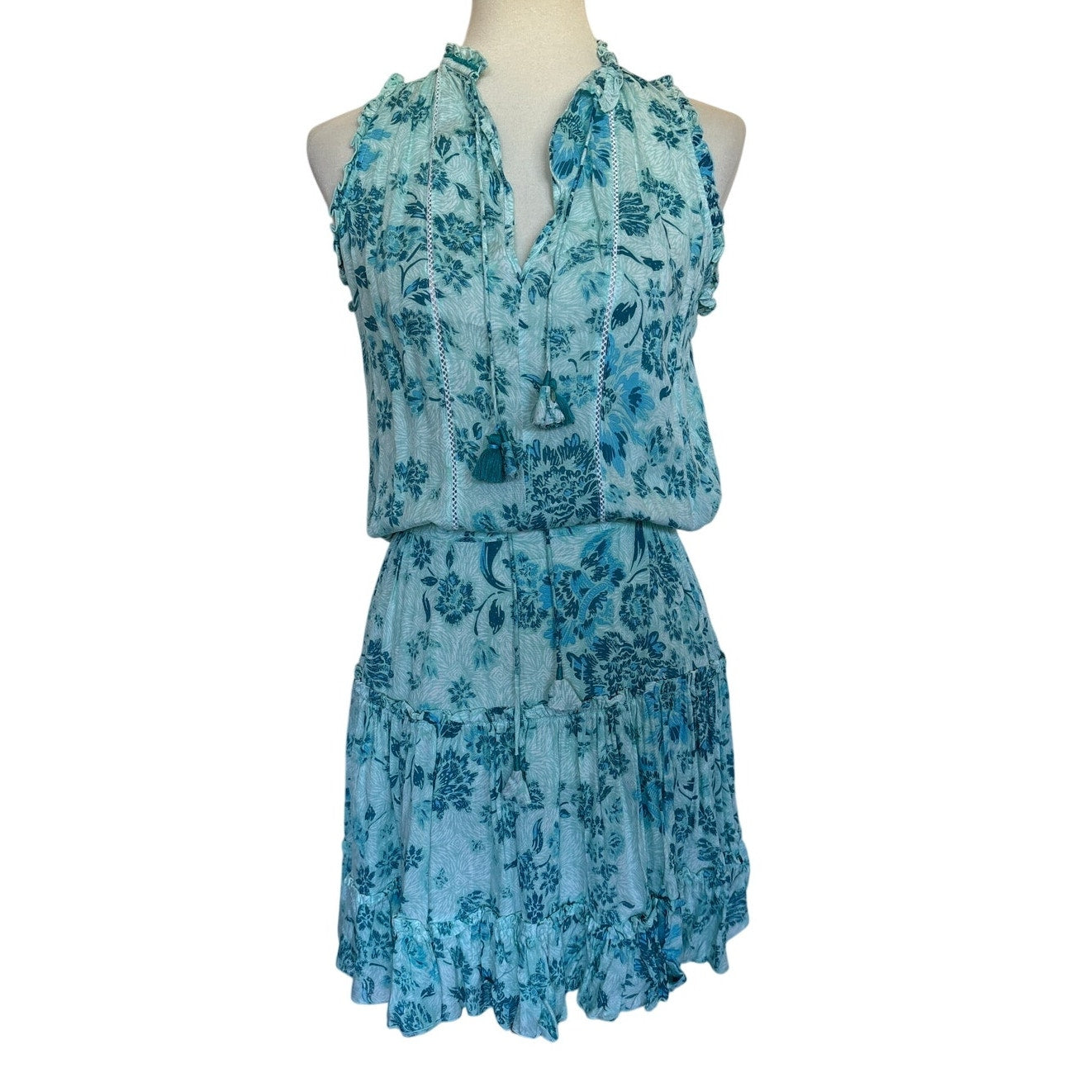 Poupette St Barth Clara Tasseled Printed Minidress - Aqua Grasse - Small