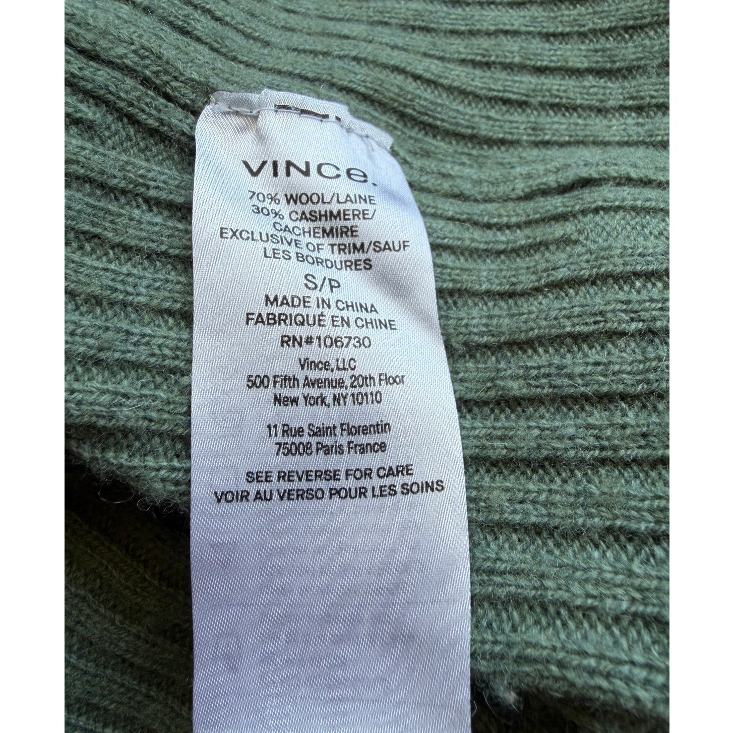 VINCE Ribbed Wool Cashmere Cardigan - Forest Green - Size Small