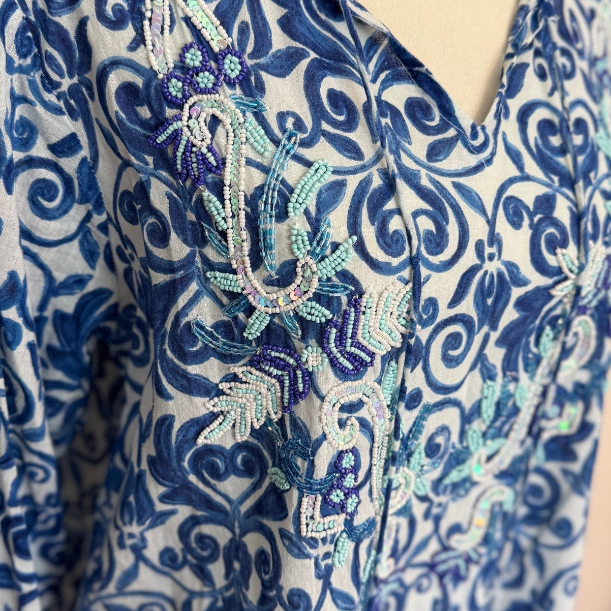 Antica Sartoria Beaded Tunic - Blue Print - Large