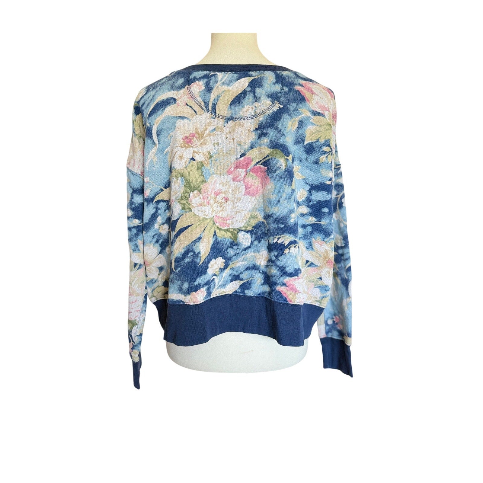 POLO RALPH LAUREN Terry Cotton Sweater - Blue Floral - Size Mediumc