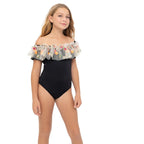 Stella Cove Floral One Piece Bathing Suit for Girls - Black Floral Mesh - Size 14Y