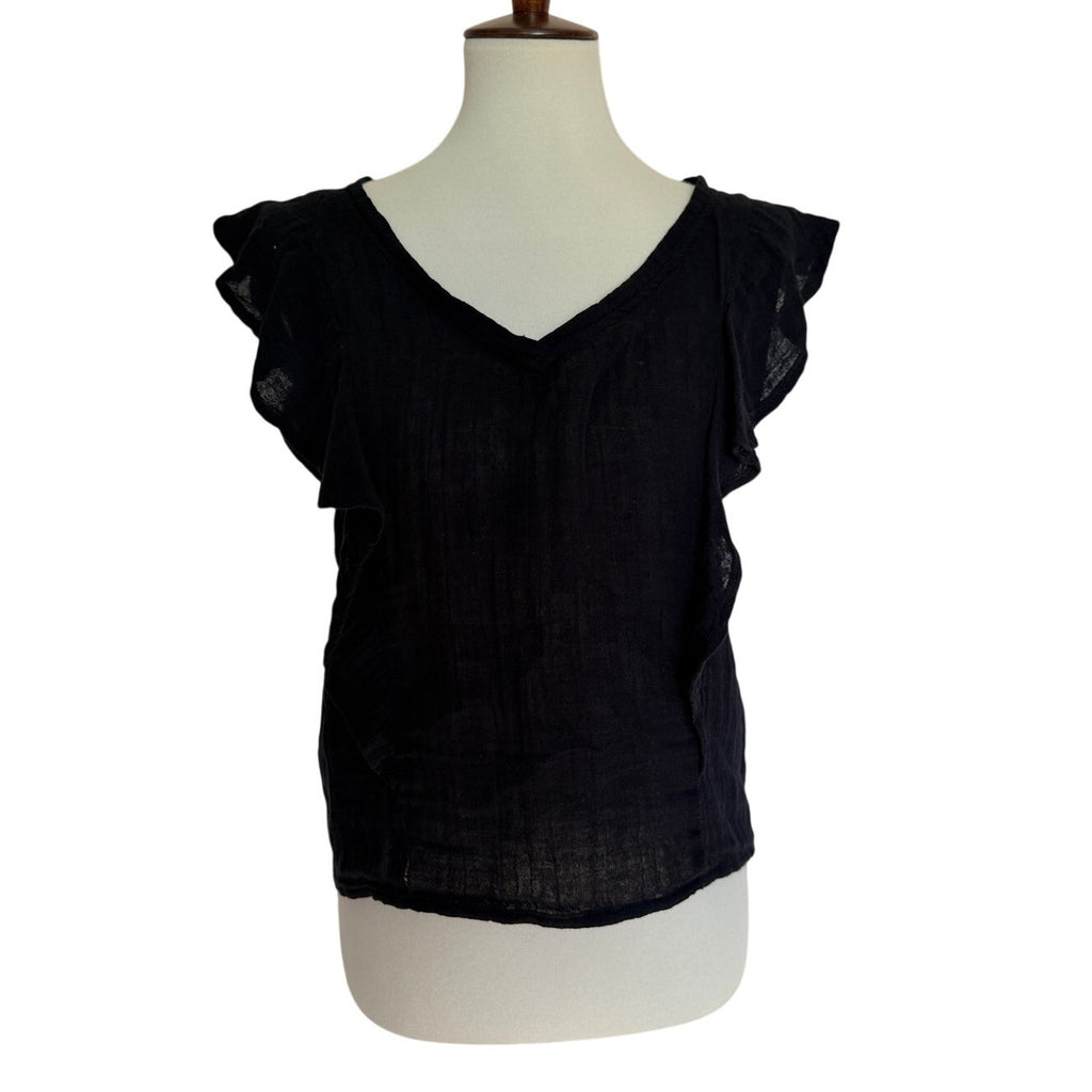 Michael Stars Double Gauze Cotton Flounce Shoulder V Neck Top - Black - M