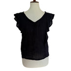 Michael Stars Double Gauze Cotton Flounce Shoulder V Neck Top - Black - M