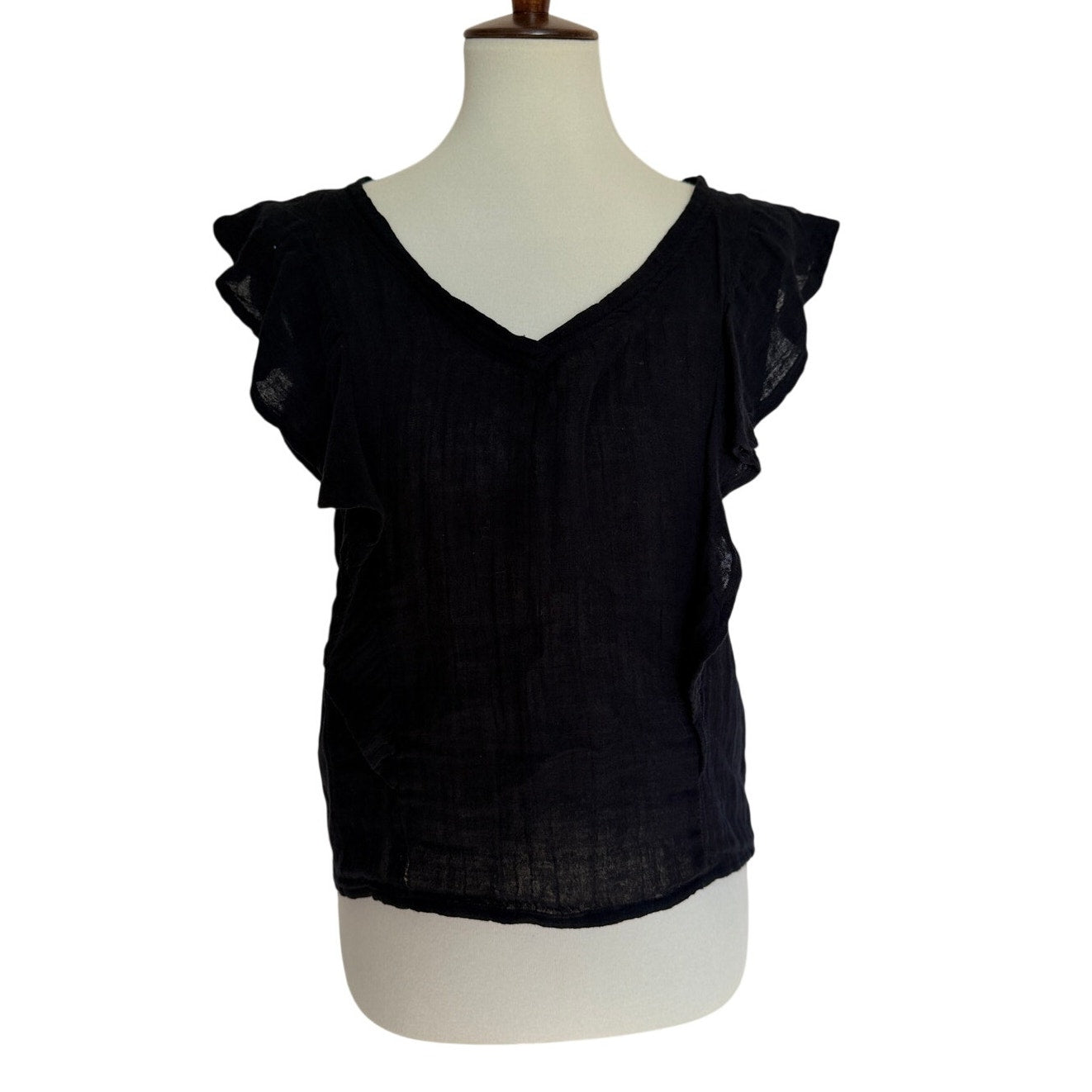 Michael Stars Double Gauze Cotton Flounce Shoulder V Neck Top - Black - M