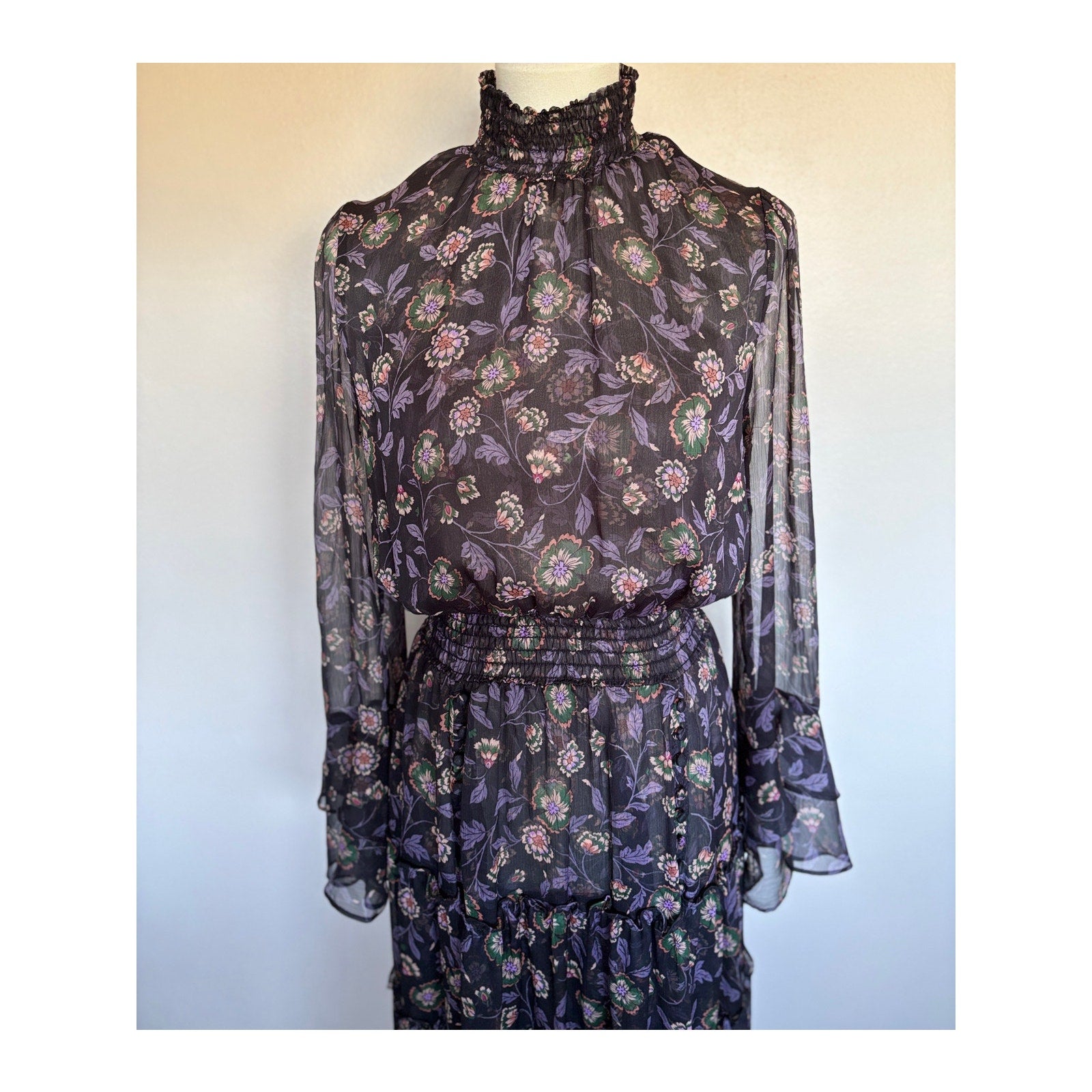 MISA Bethany Floral Chiffon Midi Dress - Nightshade Floral - Size Small