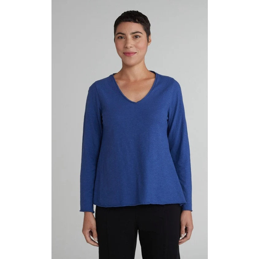 New Cut Loose ALINE Linen Cotton Jersey Long Sleeve V-Neck Top - Admiralty Blue - Size Medium