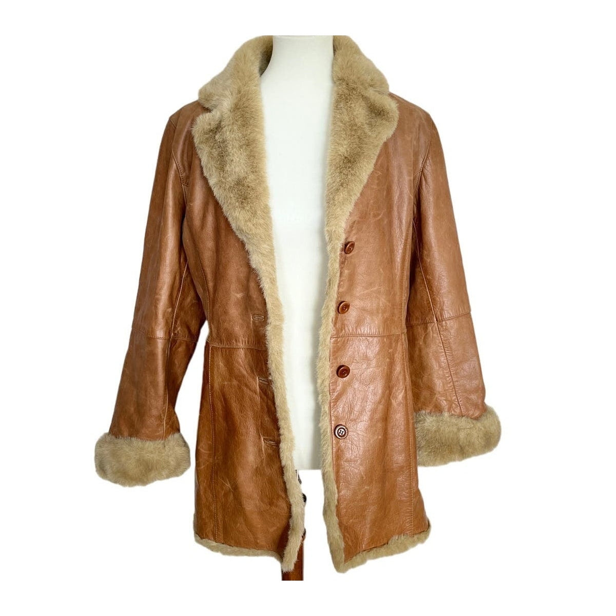 Vintage Penny Lane Leather Fur Trim Coat - Tan - Size Large