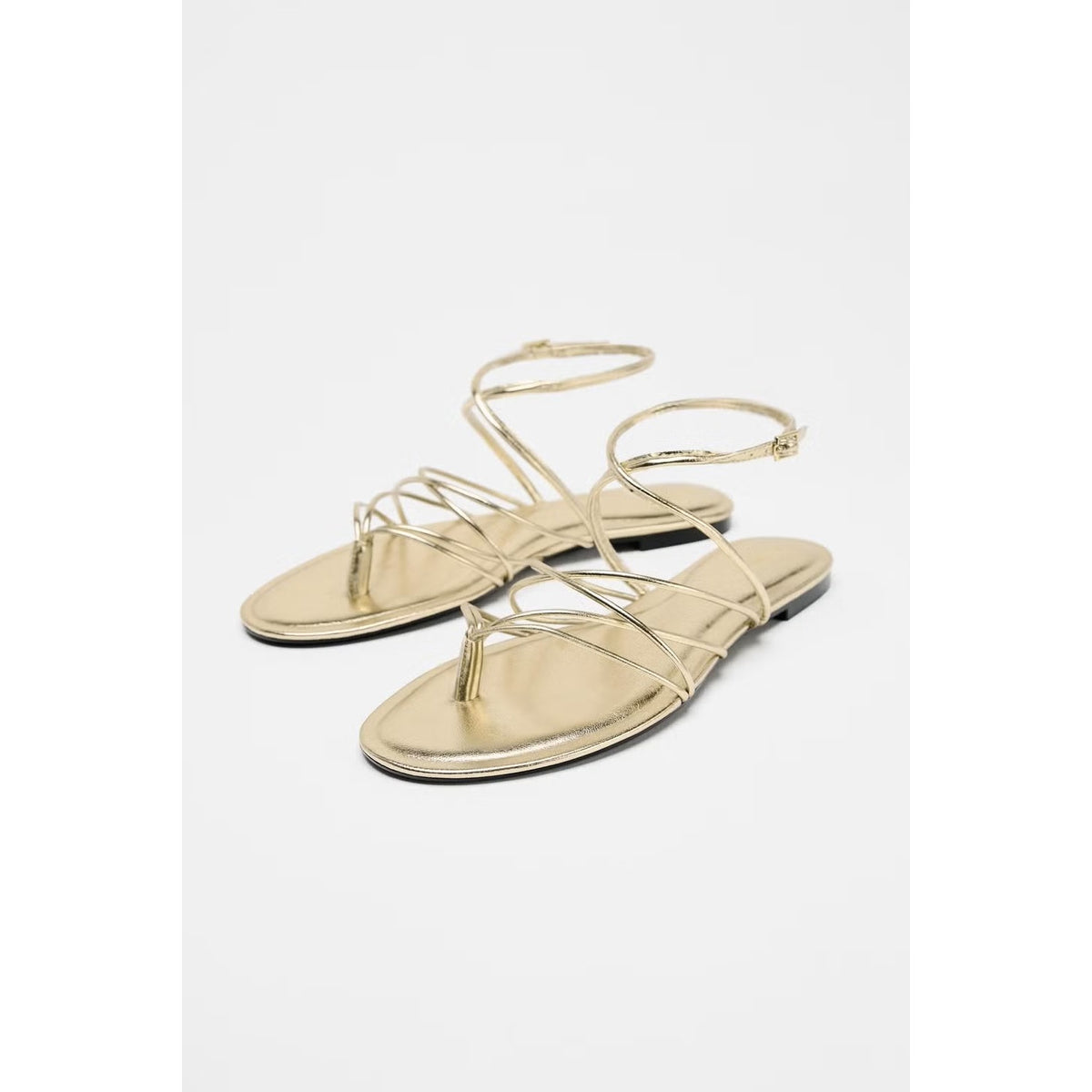 Zara Ankle Tie Strappy Flat Sandals - Metallic Gold - Size 40 US 9