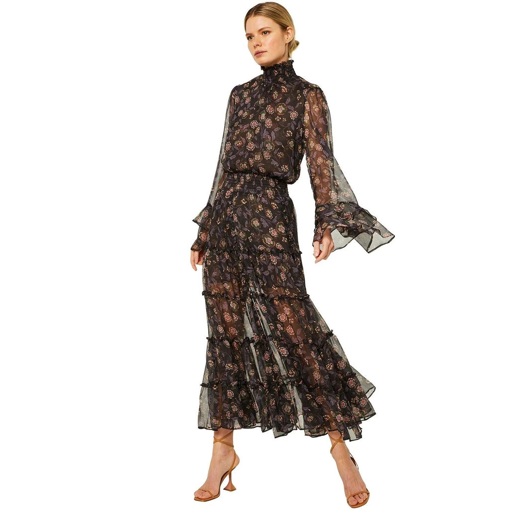 MISA Bethany Floral Chiffon Midi Dress - Nightshade Floral - Size Small