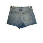 J. crew medium wash blue denim shorts shown from the back, featuring two large patch pockets and a stacked button closure.