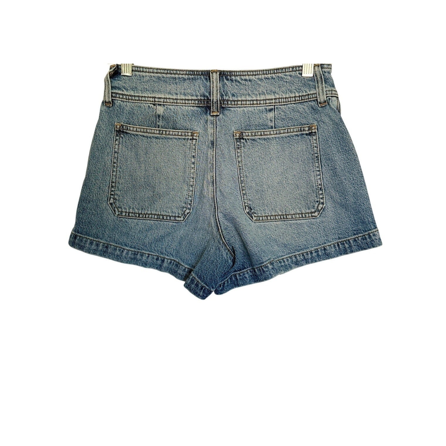 J. crew medium wash blue denim shorts shown from the back, featuring two large patch pockets and a stacked button closure.