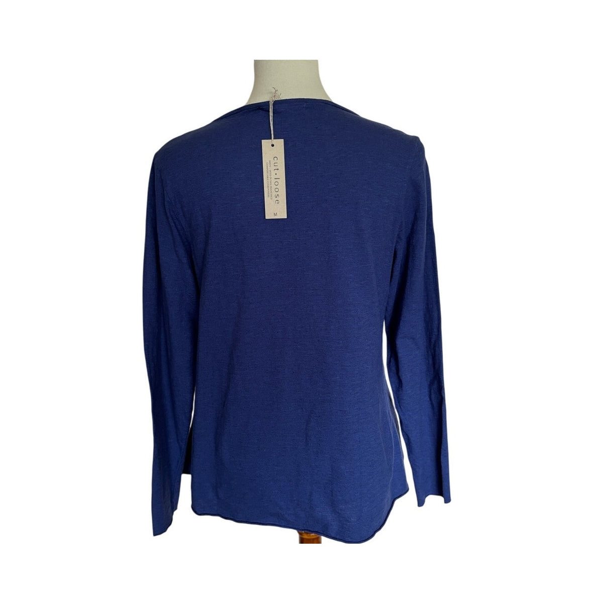 New Cut Loose ALINE Linen Cotton Jersey Long Sleeve V-Neck Top - Admiralty Blue - Size Medium