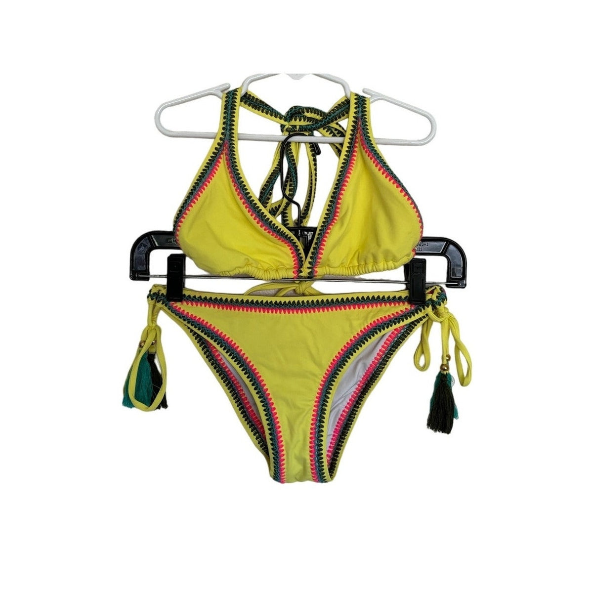 Cosita Linda Embroidered Edge Triangle Bikini Set - Yellow / Multi - Size Small