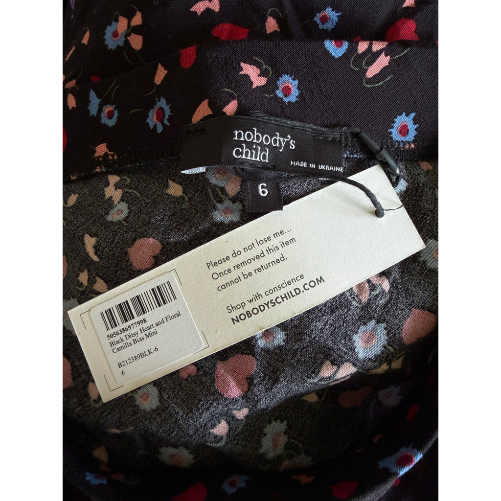 Nobody's Child Camilla Bias Mini Skirt - Black Ditsy Heart and Floral - Size 6