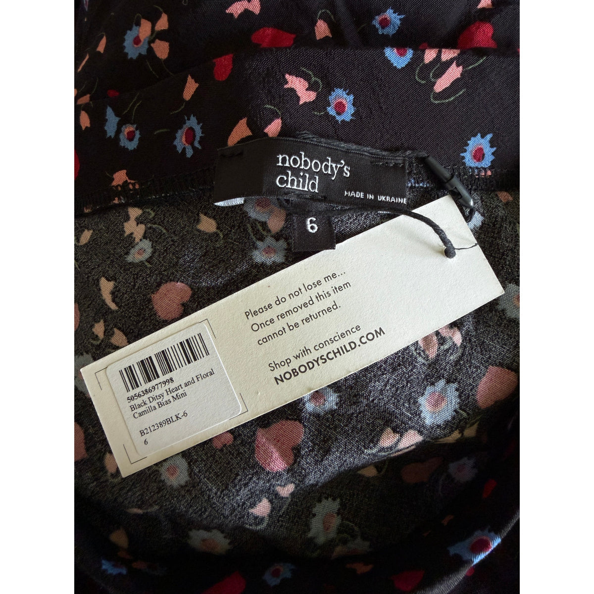 Nobody's Child Camilla Bias Mini Skirt - Black Ditsy Heart and Floral - Size 6