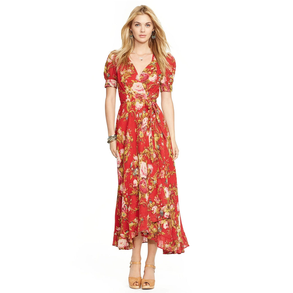 Denim & Supply Ralph Lauren Cotton Wrap Maxi Dress - Red Floral - Size Medium