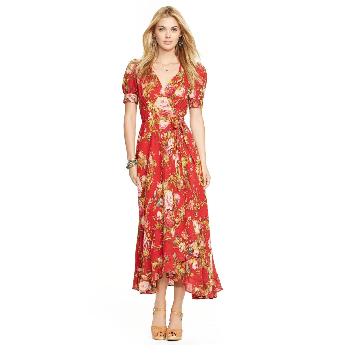 Denim & Supply Ralph Lauren Cotton Wrap Maxi Dress - Red Floral - Size Medium
